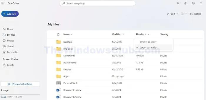 큰 것부터 작은 것까지 OneDrive 정렬