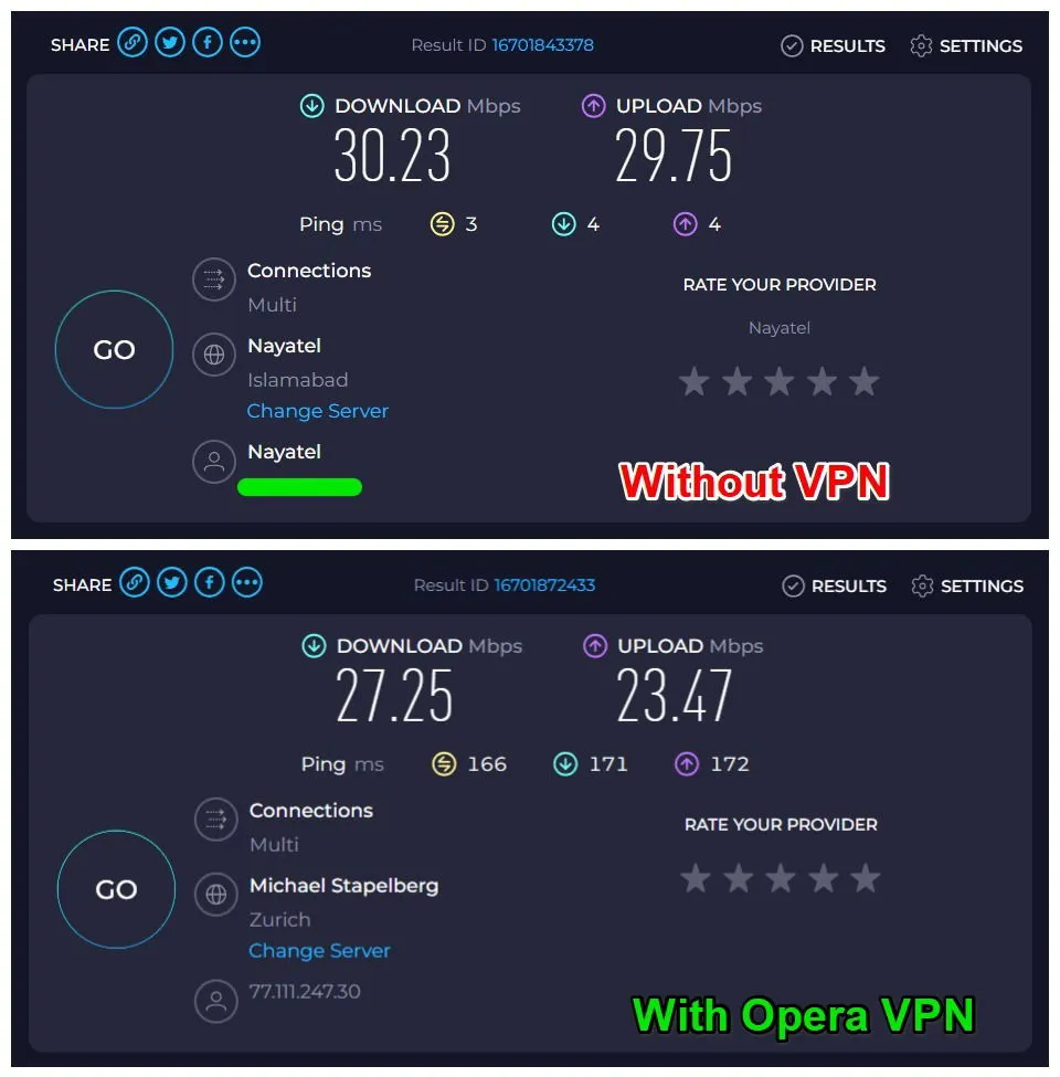 使用和不使用 VPN 的速度測試比較