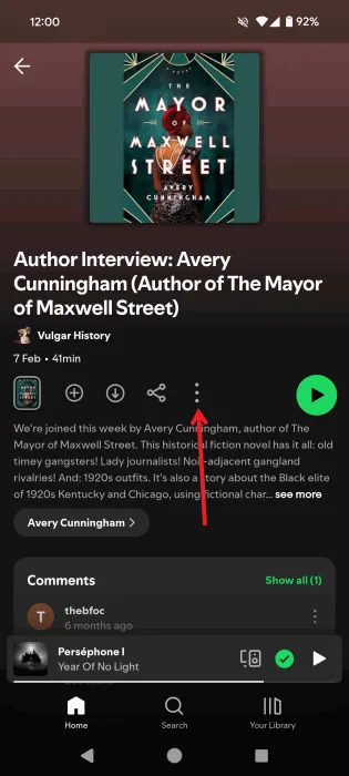 Tapping three dots menu in Spotify podcast episode page in the mobile Android app.