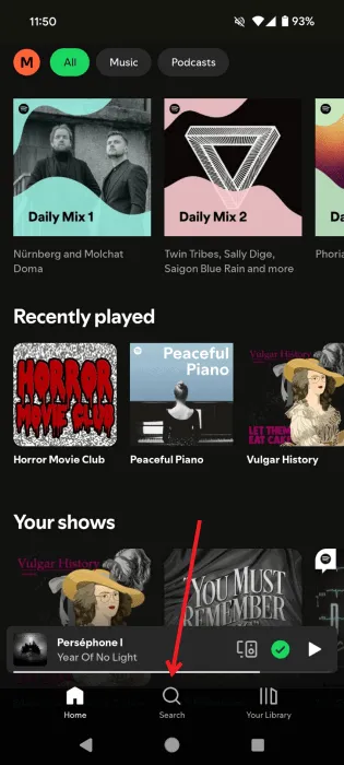 Tapping on the Search button in the Spotify app on Android.