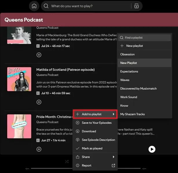 Adding podcast episode to playlist on Spotify on PC.