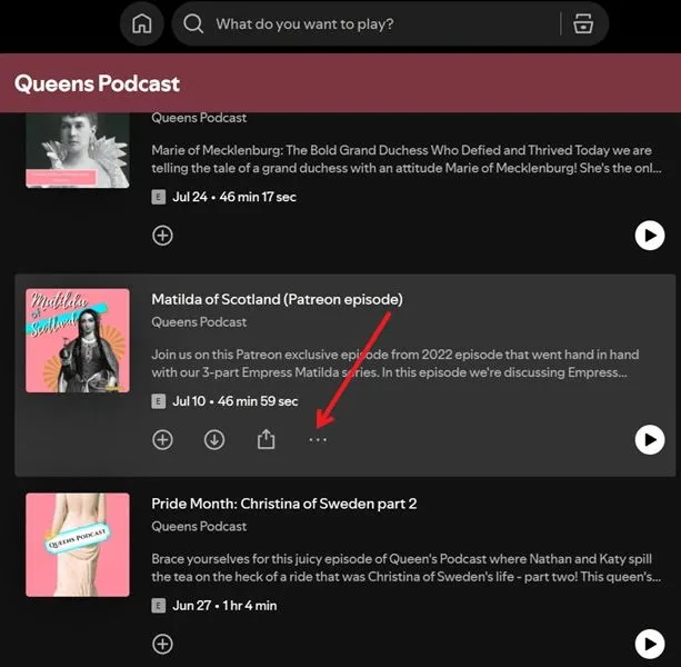 Clicking three dots menu for podcast episode in Spotify on PC.