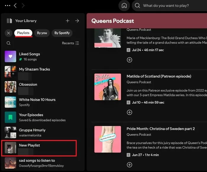 Selecting a playlist with podcast episodes in Spotify on PC.