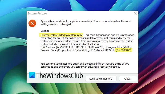 Ripristino configurazione di sistema non è riuscito a ripristinare un file 0xc0000022