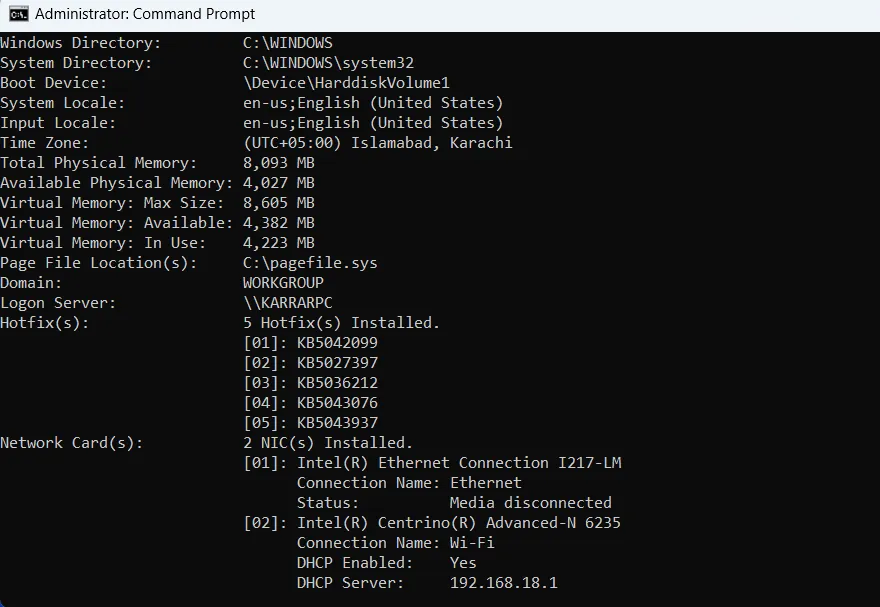 Systeminfo command showing details of PC