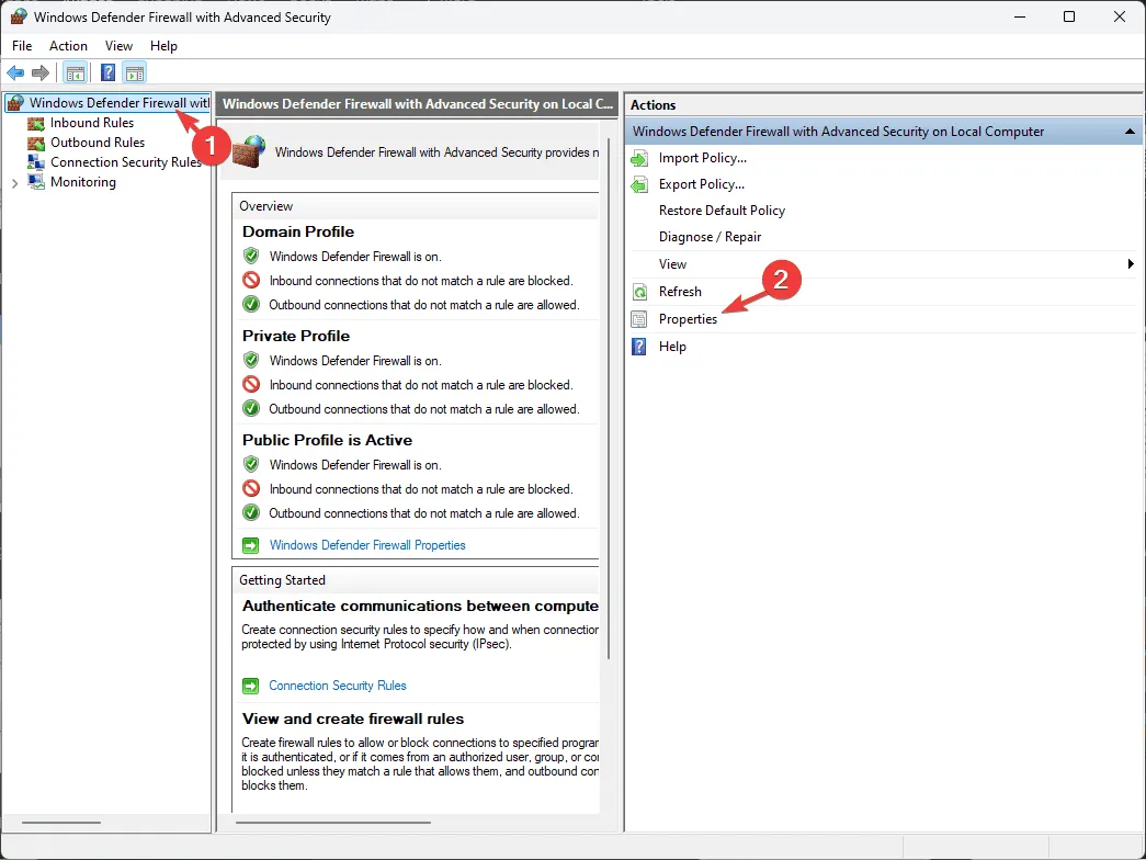 Propiedades - Firewall de Windows 11