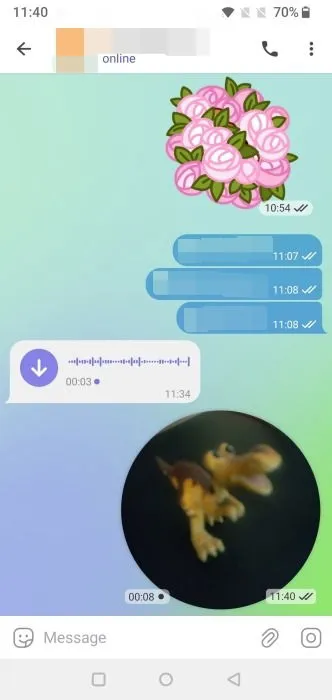 Sending a video note in Telegram app.