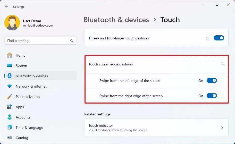 Touch screen edge gestures settings