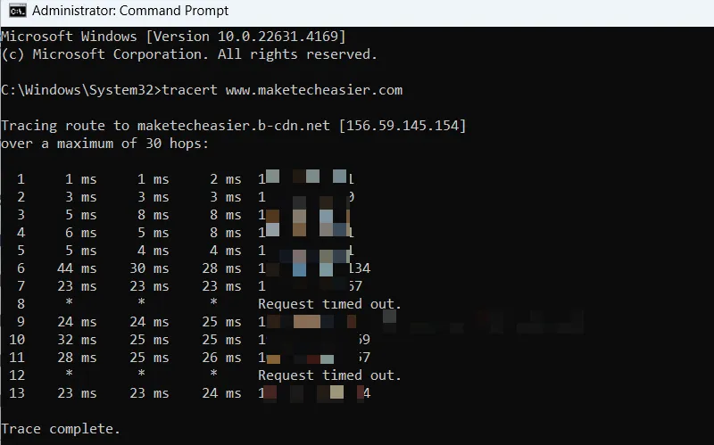 Tracert-opdracht toont route naar Make Tech Easier