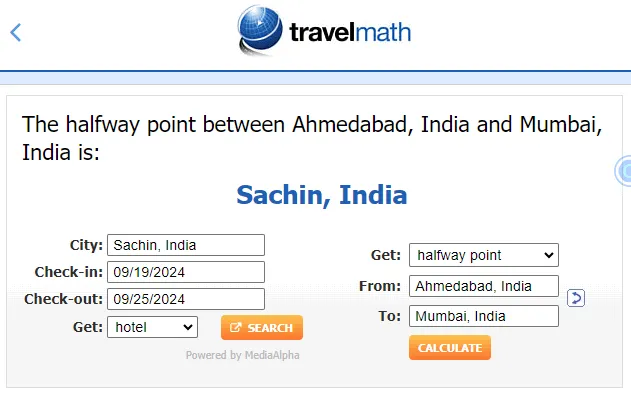 Herramienta Travelmath para encontrar el punto medio entre dos ubicaciones.