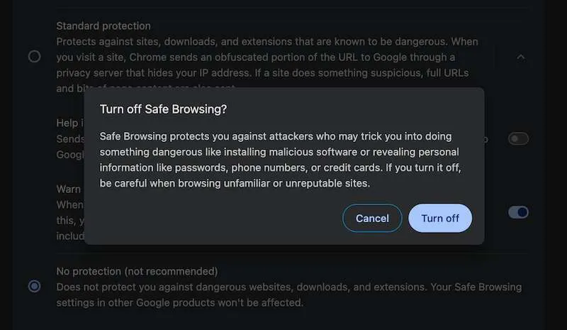 Turn Off Safe Browsing on Chrome Settings