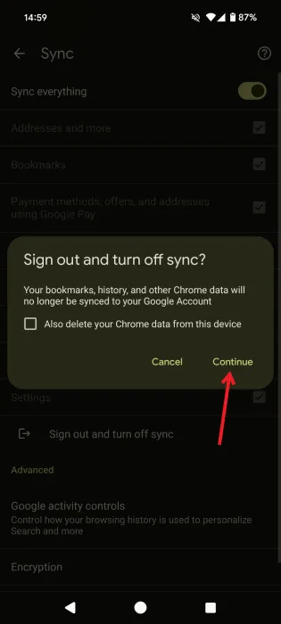 Confirmation que vous souhaitez désactiver la synchronisation dans l'application mobile Chrome.