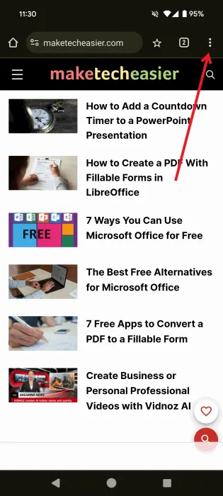 Tik op het menu met de drie puntjes in de mobiele Chrome-browser.