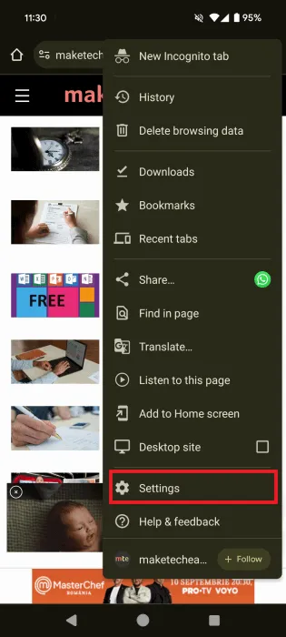 Selecionando a opção Configurações no aplicativo móvel Chrome.