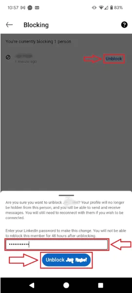 A step to unblock the profile via mobile app by entering the password and tapping on the Unblock button.