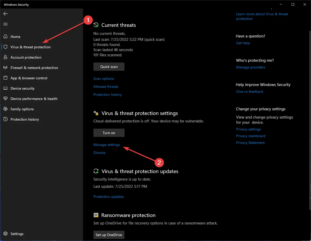 sotto protezione da virus e minacce e opzione di gestione delle impostazioni