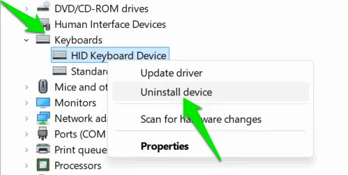 Menu de desinstalação do driver de teclado do Gerenciador de dispositivos