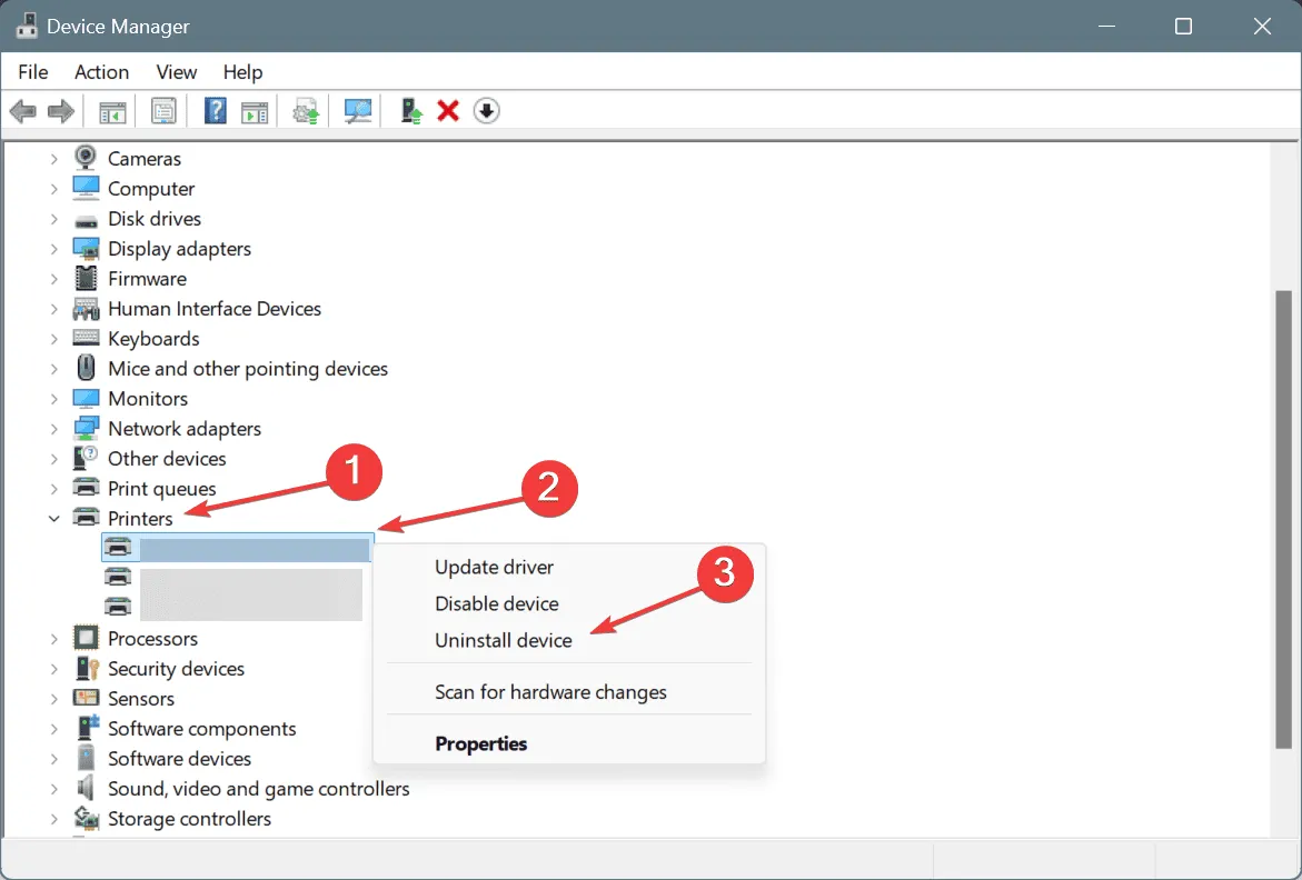 Desinstale el controlador de la impresora para corregir ERROR_REDIR_PAUSED