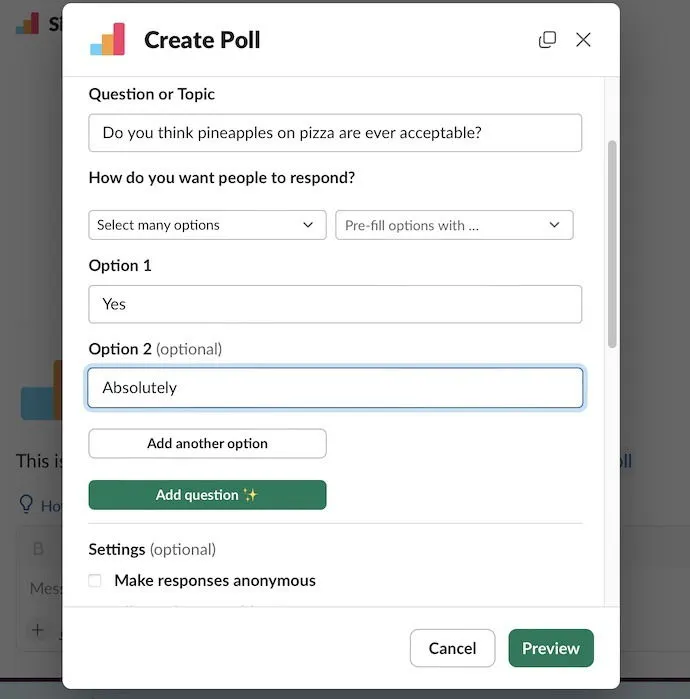 Create a poll using the Simple Poll Slack integration