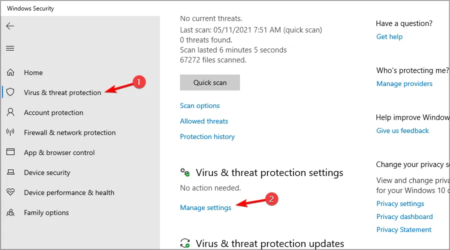 proteção contra vírus e ameaças gerenciar configurações