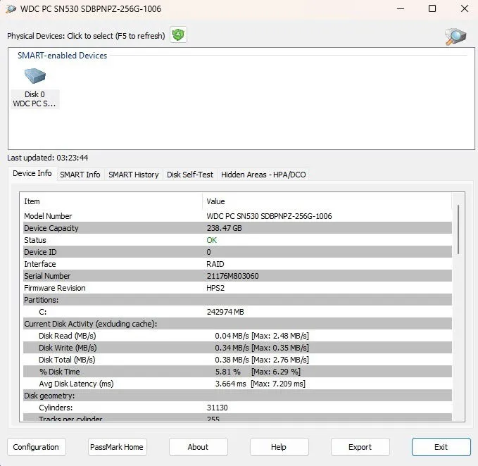 Vérification des informations SMART via DiskCheckup.