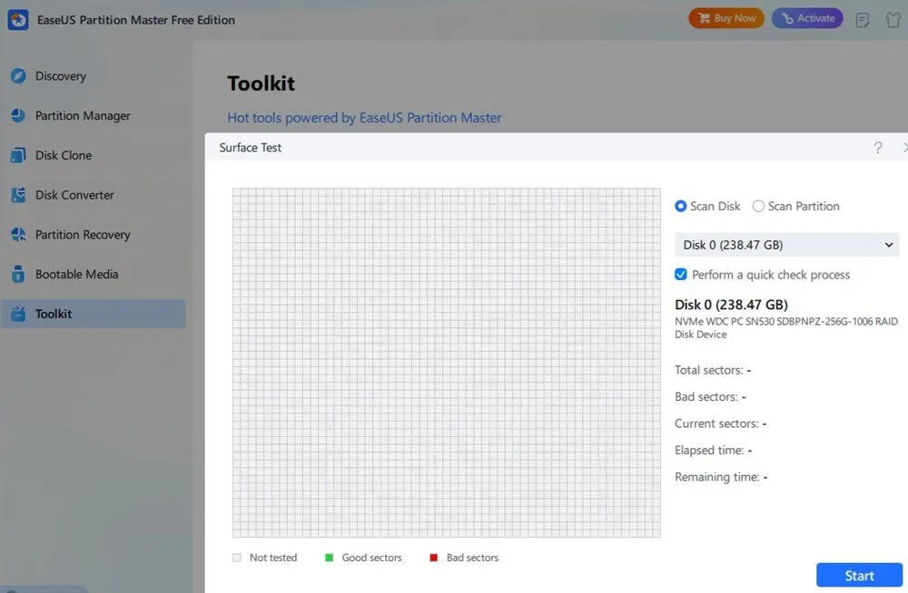 Running a bad sector scan with EaseUS Partition Master.