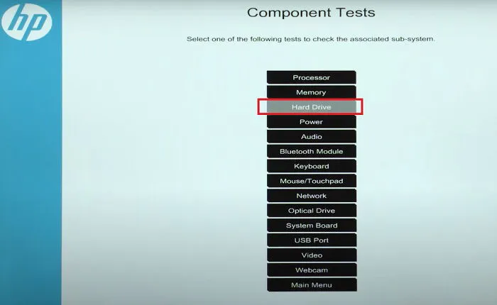 Running a hard disk test in an HP BIOS.