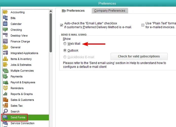 modulo di invio posta web quickbooks