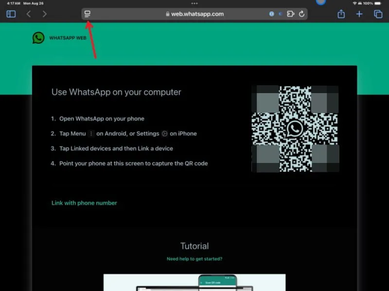 Código QR do WhatsApp para escanear no iPad.