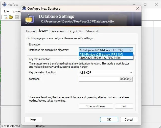 Impostazione della crittografia del database in KeePass