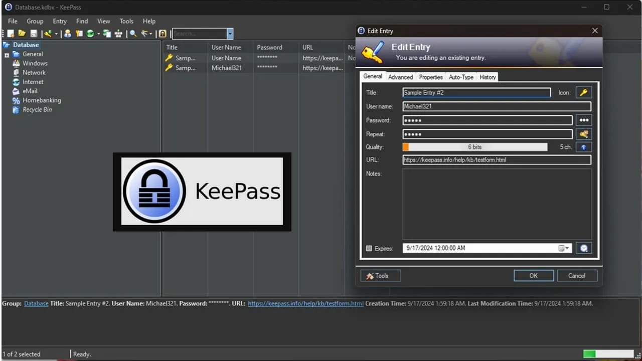 A KeePass Password Manager database entry open with logo.