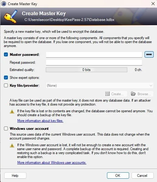 Setting up a master password and other login options in KeePass Password Manager.