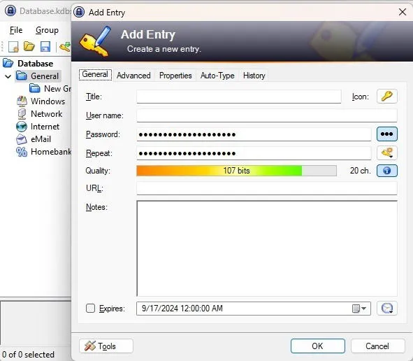 Creating a new entry in KeePass.