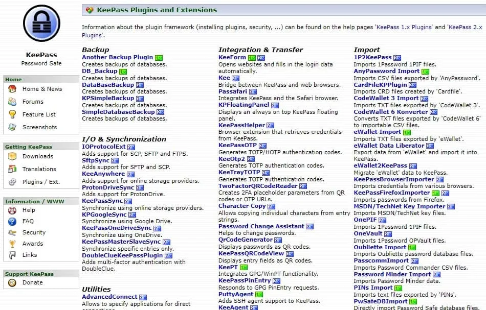 Plugins KeePass disponíveis