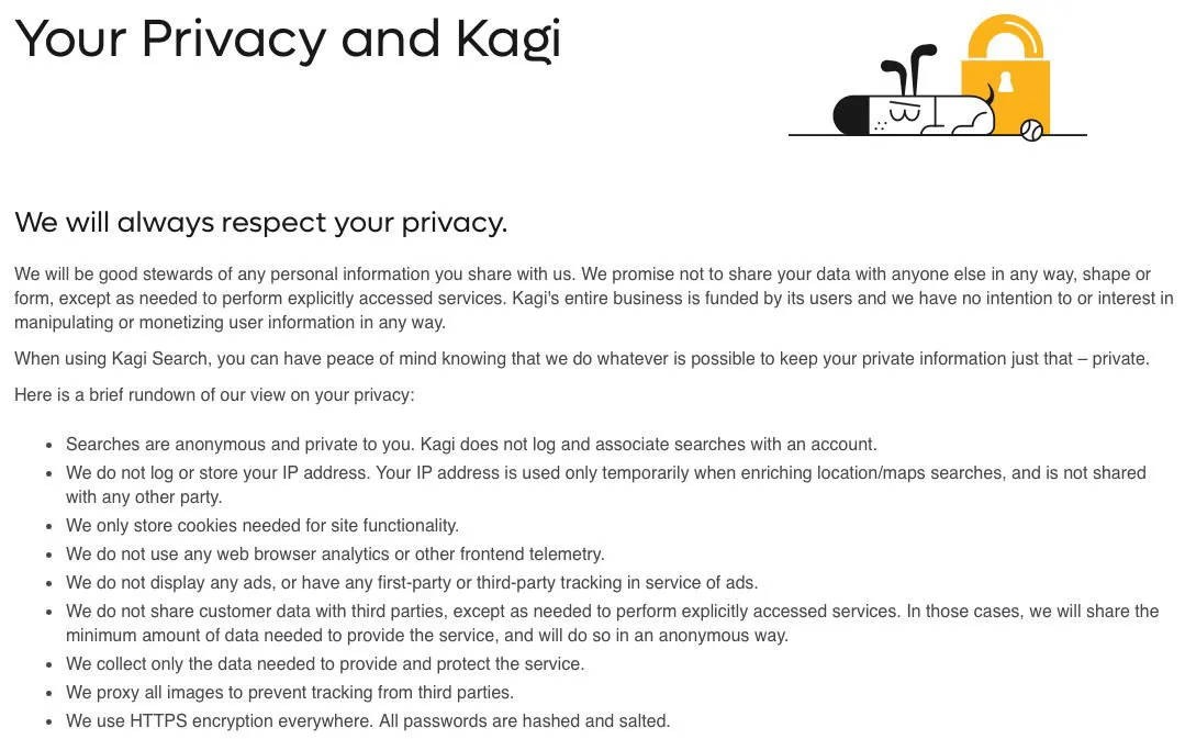 Kagi の非常に透明性の高いプライバシーとデータ収集の条件を示すスクリーンショット。