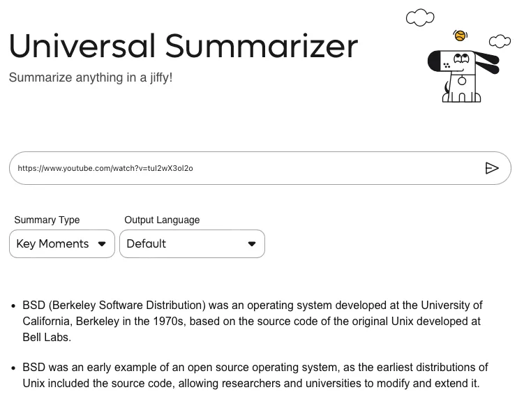 Zrzut ekranu pokazujący demonstrację funkcji Universal Summarizer firmy Kagi.