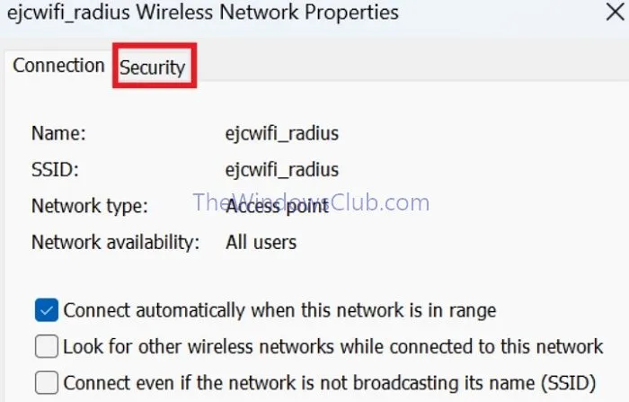 Configurações da guia Segurança de edição de conexões WiFi