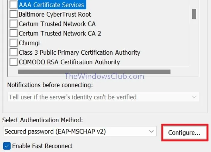 Configuração de WiFi Configurar configurações de autenticação