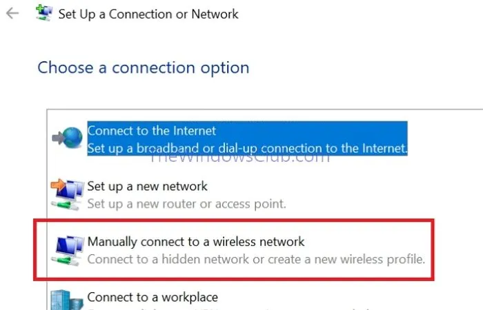 Impostazione WiFi Connetti manualmente Opzione di rete