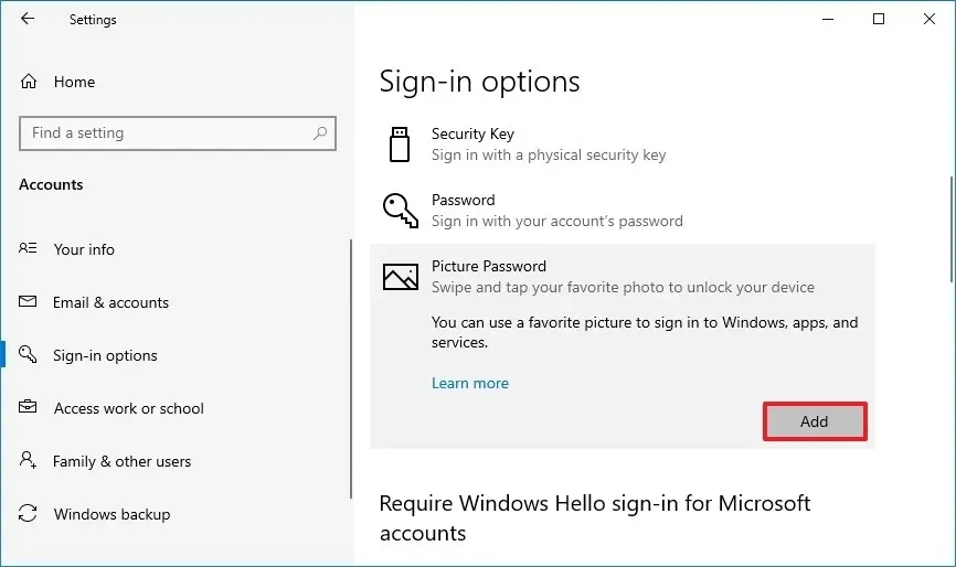 Windows 10 aggiungi password immagine