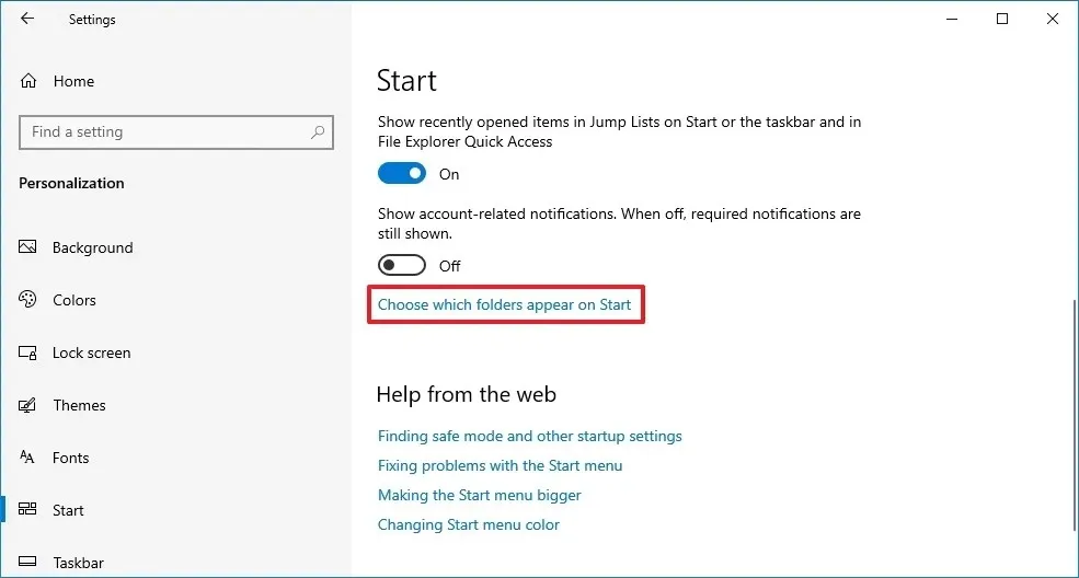 Choose which folders appear on Start on Windows 10