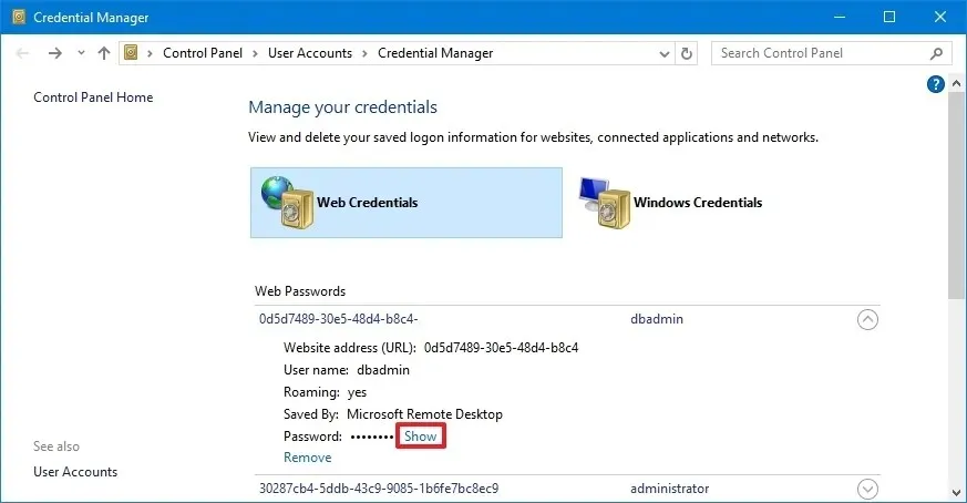 Administrador de credenciales de Windows 10 Ver contraseñas