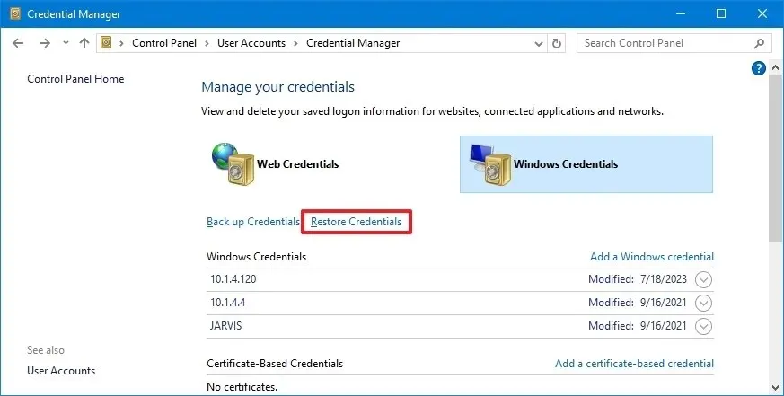 Opción para restaurar credenciales de Windows 10