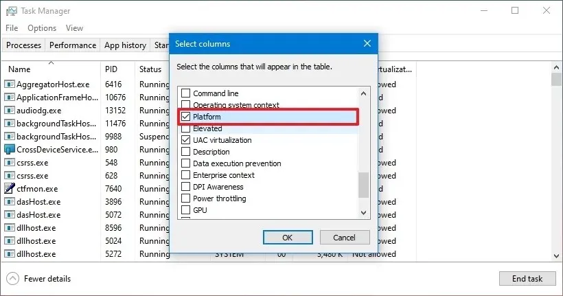 Opzione Piattaforma Task Manager su Windows 10