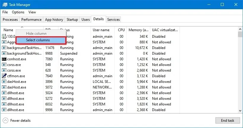 Windows 10에서 작업 관리자 열 선택 옵션