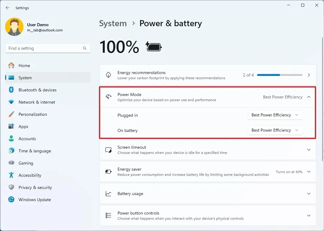 Options de mode d'alimentation : branché et sur batterie / Image : Mauro Huculak