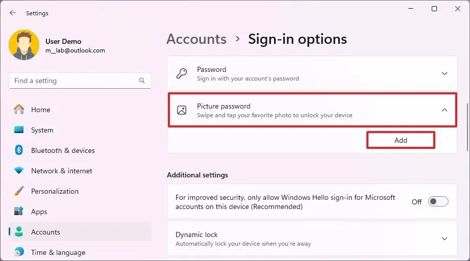 Windows 11 aggiunge la password con l'immagine