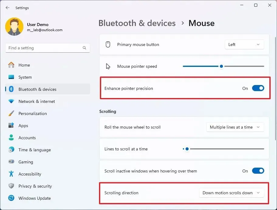 Cambia la direzione di scorrimento del mouse