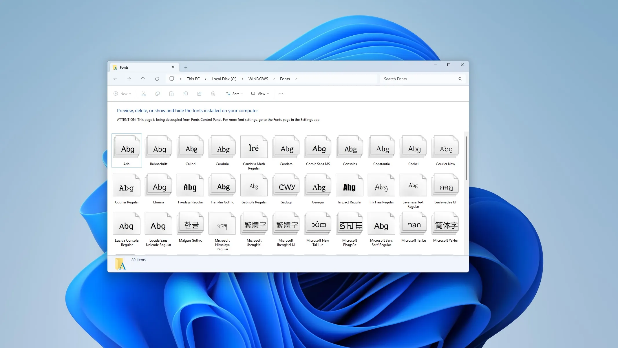 Pagina font del Pannello di controllo di Windows 11 vecchio collegamento