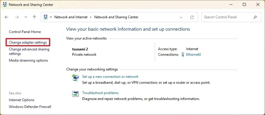 Painel de controle Alterar configurações do adaptador